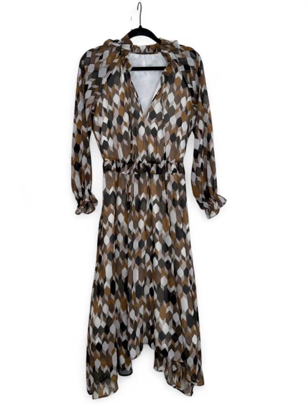 Geometric Print High-Low Dress in Brown